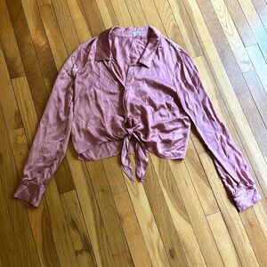 Silky Tie-Front Long-Sleeve Top - Dusty Rose